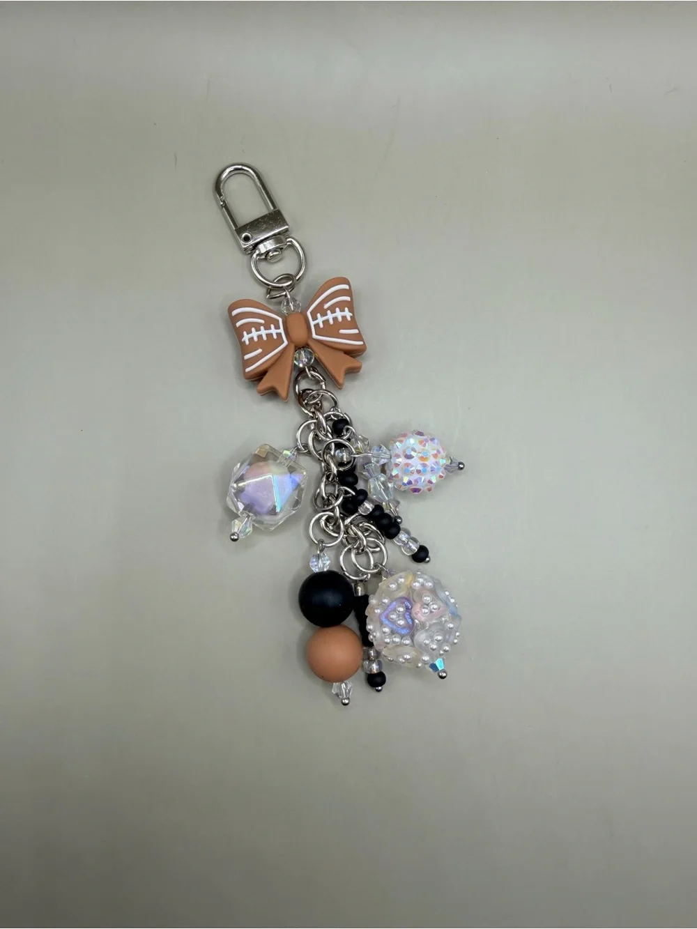 Beaded Bow Keychain Charm in Tan and Black